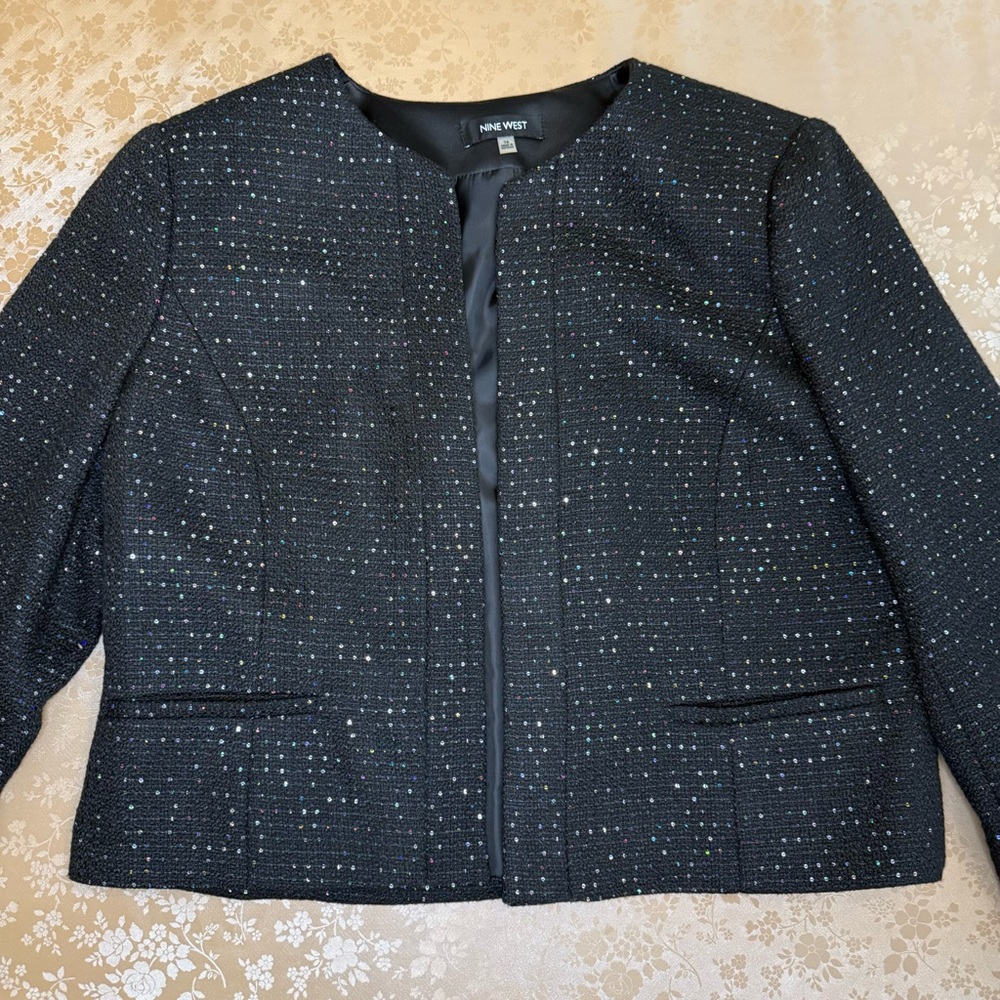 NINE WEST Womens Black Sequined Tweed Flyaway Blazer Formal Party Jacket size 14 - Picture 6 of 10